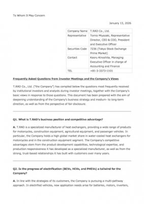 Frequently Asked Questions from Investor Meetings and the Company’s Views