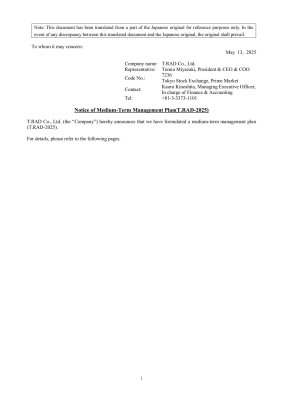 Notice of Medium-Term Management Plan(T.RAD-2025)