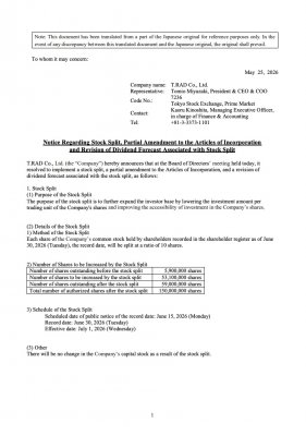 Notice Regarding Stock Split, Partial Amendment to the Articles of Incorporation and Revision of Dividend Forecast Associated with Stock Split