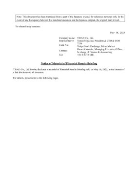 Notice of Material of Financial Results Briefing