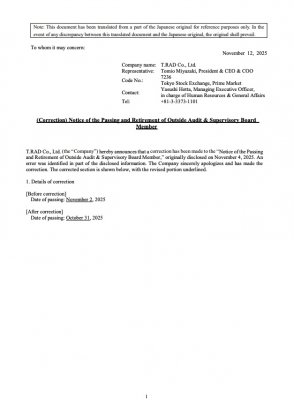 (Correction) Notice of the Passing and Retirement of Outside Audit & Supervisory Board Member