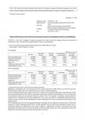 Notice of Revisions to the Full-Year Earnings Forecasts (Consolidated and Non-Consolidated)